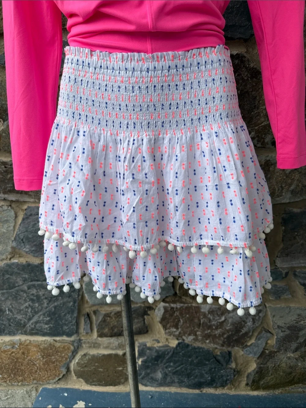 Lilly Pulitzer Ethenia Layered Pom Pom Layered Mini Skirt in Neon Clip Dot Large